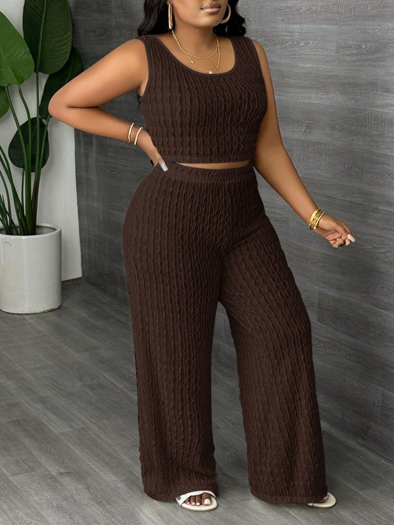 Brown Casual Women's Plus Size Sleeveless Pants Set